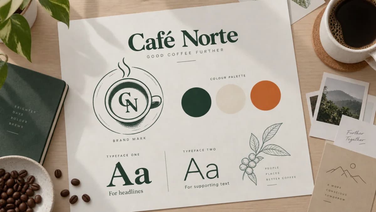 Tablero de identidad visual ficticio para definir audiencia, tono y usos de un logo de emprendedor