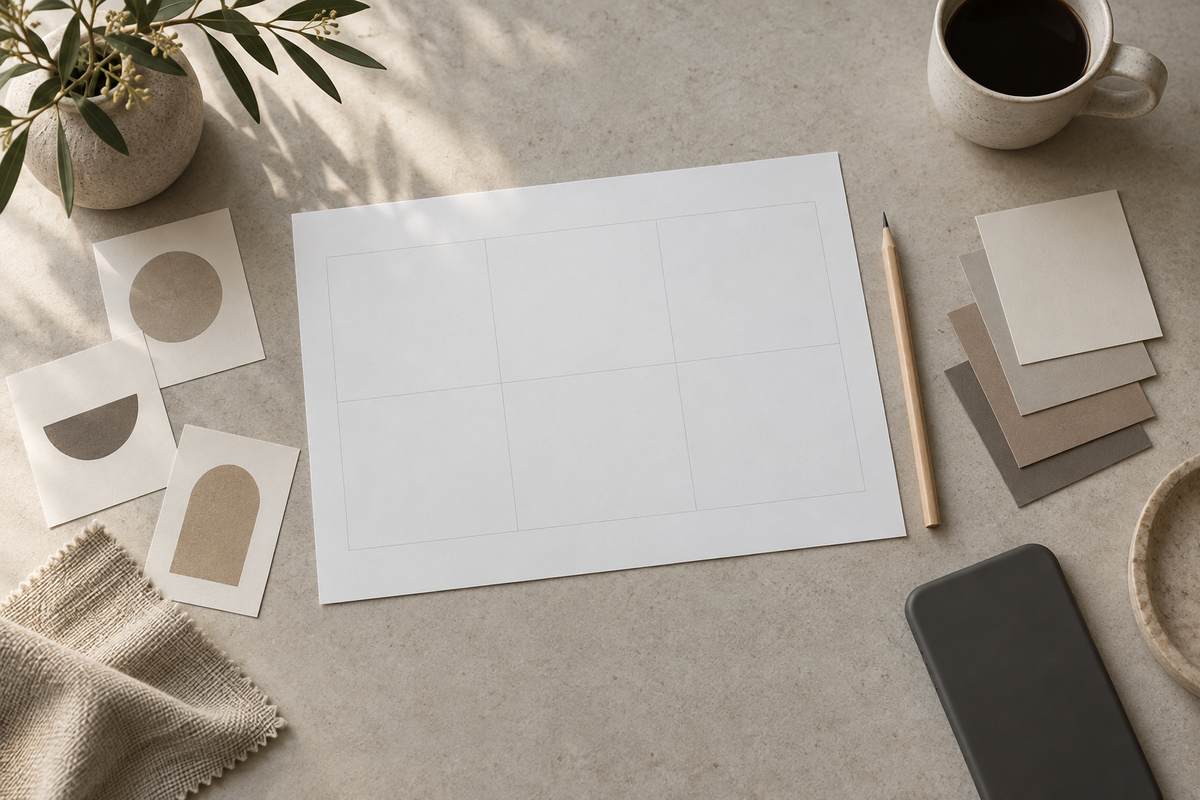 Mesa de trabajo con una plantilla en blanco, lápiz, muestras de color y formas abstractas recortadas para preparar el brief de un logo