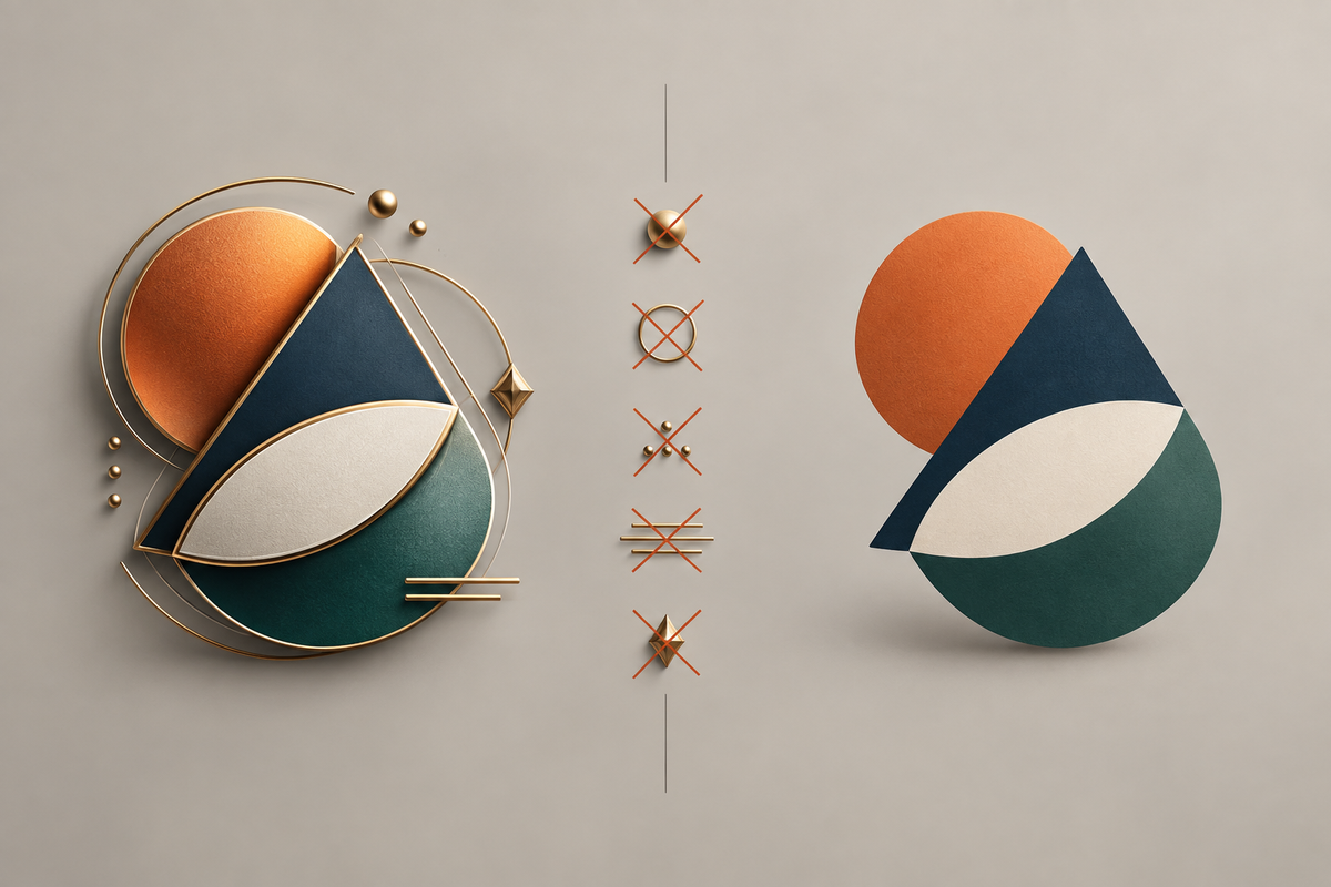 Comparación dividida entre un símbolo abstracto recargado de detalles y la misma marca simplificada y limpia