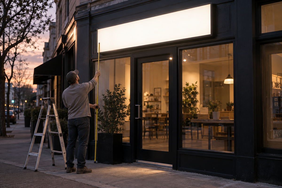 Fachada de un local al atardecer con un cartel luminoso en blanco, una escalera y una cinta métrica antes de instalar el logo