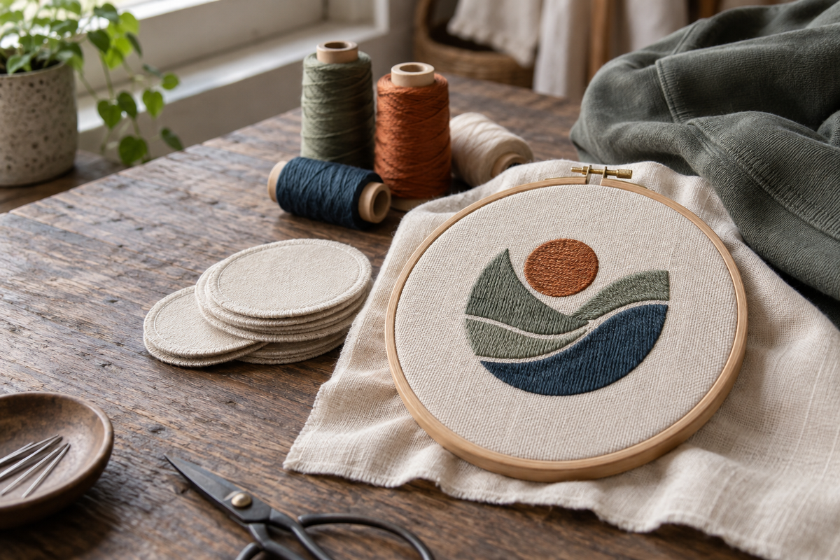 Taller textil con un bastidor de bordado, un emblema abstracto cosido, madejas de hilo y parches lisos sobre la mesa