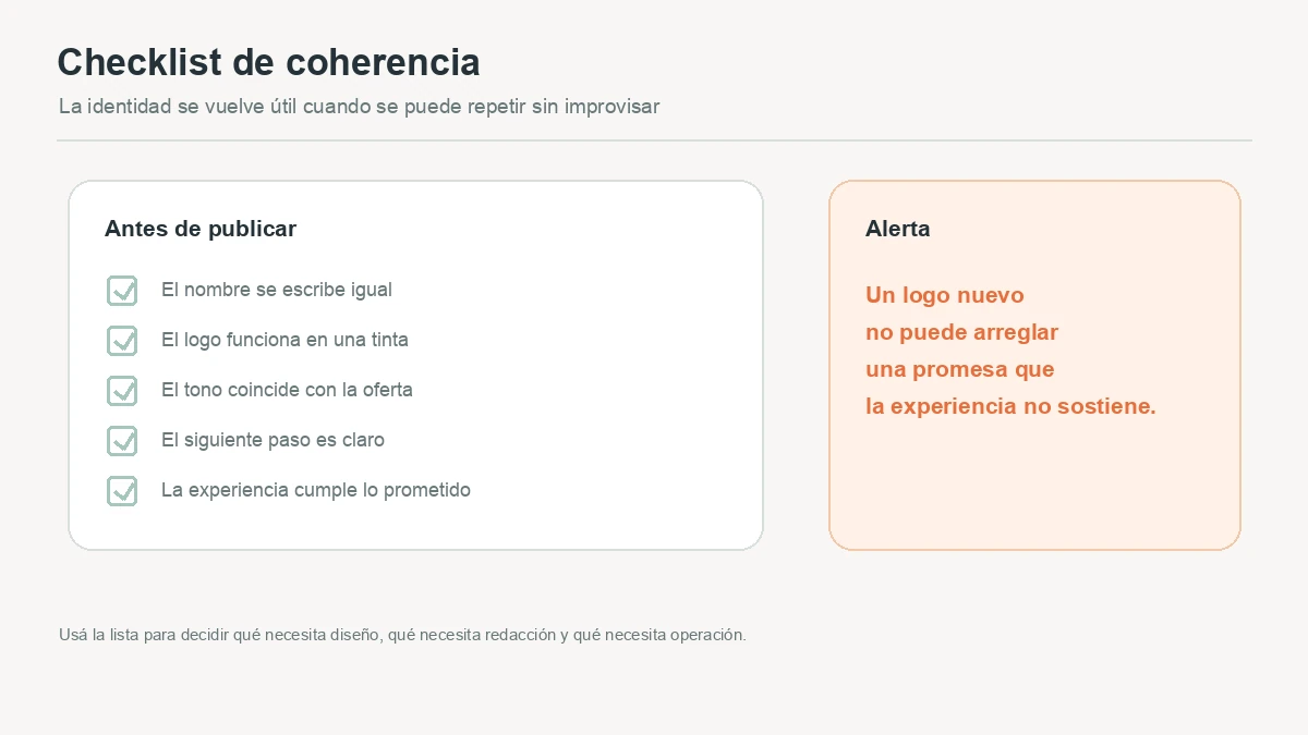 Checklist conceptual para revisar nombre, logo, tono, siguiente paso y experiencia antes de publicar