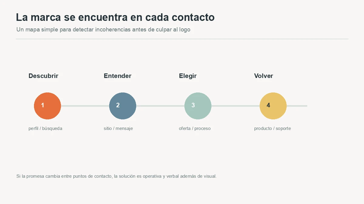 Mapa conceptual de una marca en cuatro puntos de contacto: descubrir, entender, elegir y volver