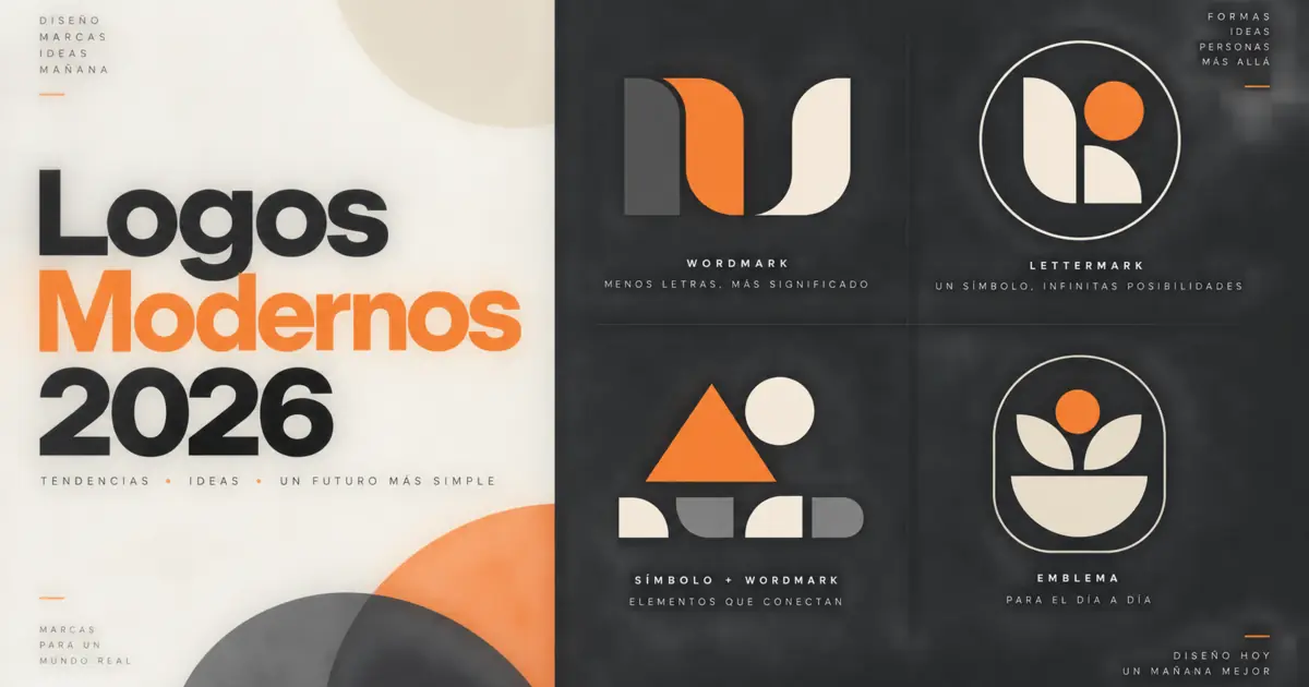Portada con cuatro conceptos neutros de logos modernos: wordmark, monograma, símbolo geométrico y emblema plano