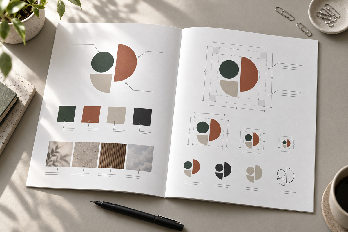 Dos páginas de un manual de marca abierto con un símbolo abstracto, muestras de color y variantes simplificadas