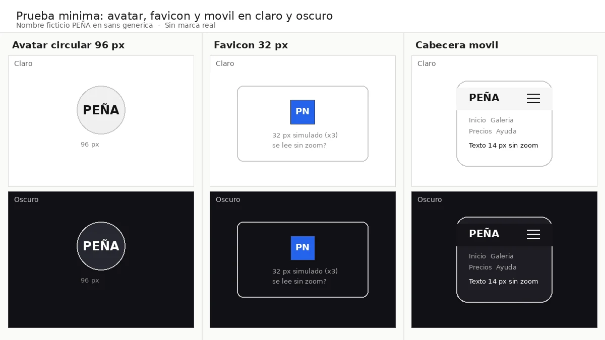 Prueba ficticia de una identidad en círculo, favicon y cabecera móvil sobre fondos claro y oscuro