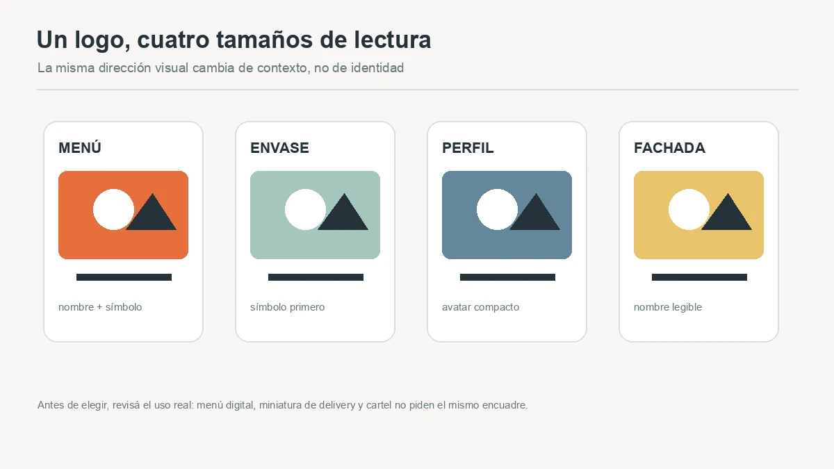 Ilustración conceptual de una misma dirección de logo aplicada a menú, envase, perfil y fachada
