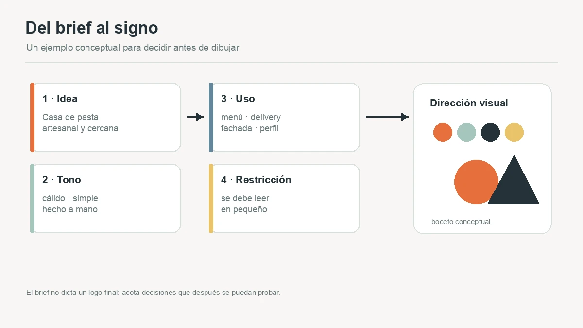 Ejemplo conceptual de un brief de restaurante convertido en una dirección visual con paleta y símbolo geométrico