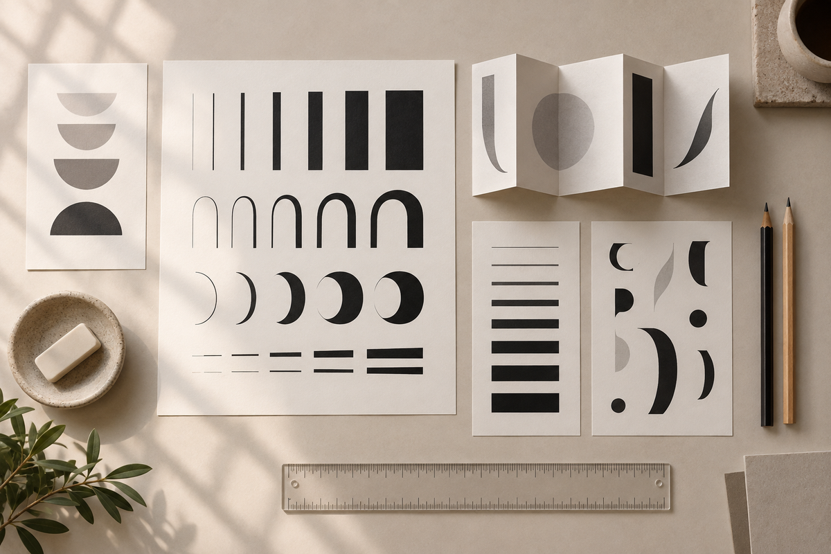 Mesa de especímenes tipográficos con bloques de letras abstractas en distintos pesos, regla transparente y muestras de papel