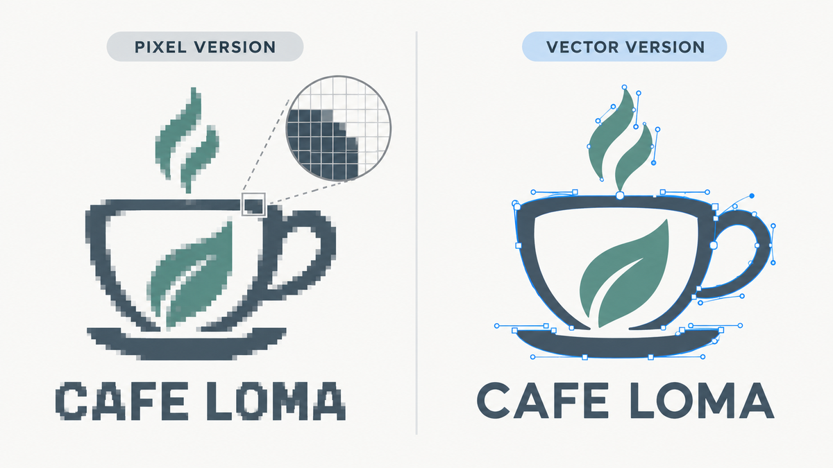Comparación ampliada entre un logo en píxeles con bordes quebrados y el mismo logo en vector con curvas suaves y nodos